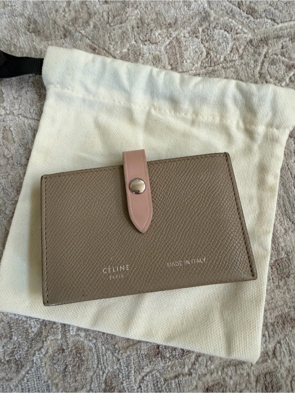 Authentic CÉLINE Accordion Card Holder Light Taupe Pink Strap